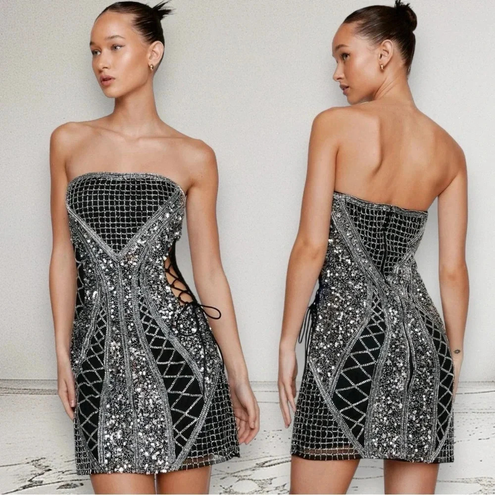 NEW NASTY GAL Bandeau Sequin Lace Up Cut Out Mini Dress Size 8